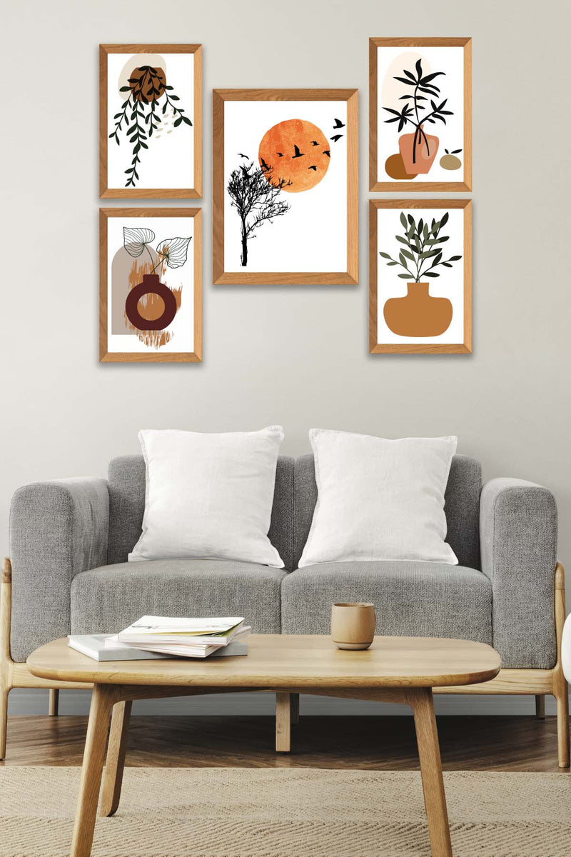 5 Parça Modern Sanatsal Bohem Tarzda (Ahşap Çerçeve Görünümlü) Uv Baskı Mdf Tablo Seti Bonvagon