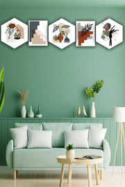 5 Parça Petek Ve Dikdörtgen Tasarım Bohem Tarzında Uv Baskı Mdf Tablo Seti Bonvagon