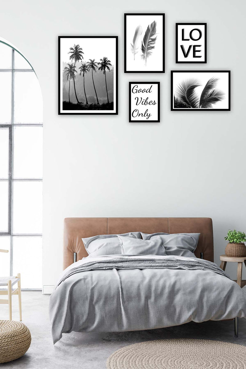 5 Parça Siyah Beyaz Yaprak Siyah Çerçeve Görünümlü Tablo Seti Bonvagon