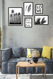 5 Parça Siyah Beyaz Yaprak Siyah Çerçeve Görünümlü Tablo Seti Bonvagon