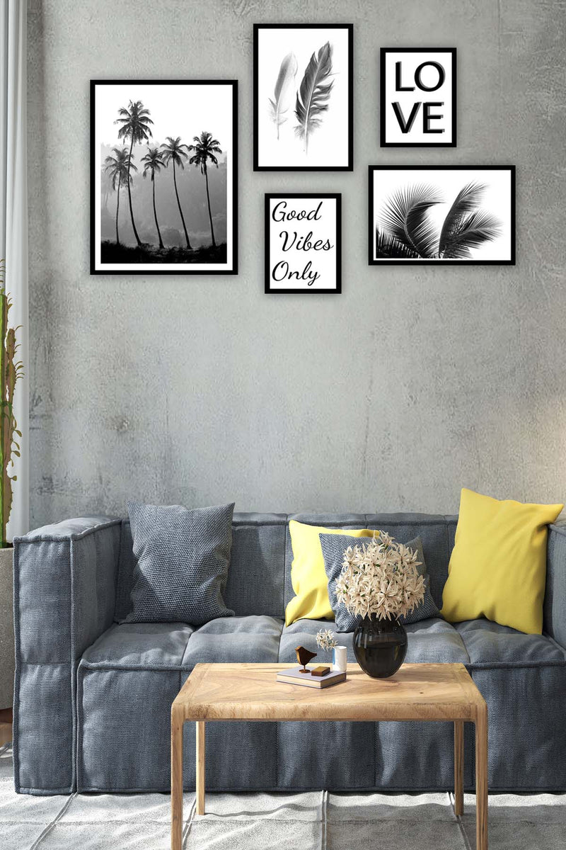 5 Parça Siyah Beyaz Yaprak Siyah Çerçeve Görünümlü Tablo Seti Bonvagon