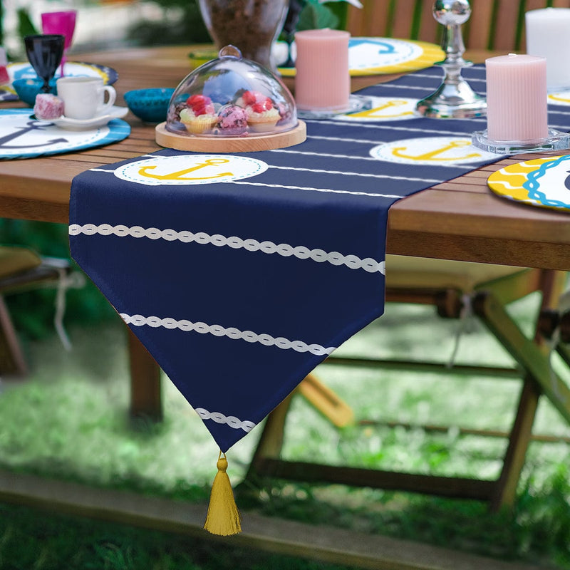 6+1'li Mavi & Sarı Renkli Çapa Tasarımlı Supla Runner Seti Bonvagon