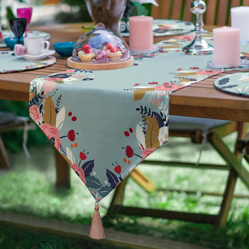 6+1'li Yeşil Zeminli Çiçek Tasarımlı Supla Runner Seti Bonvagon