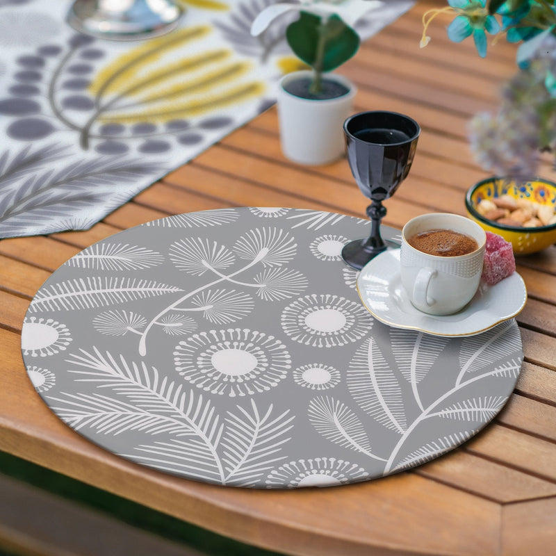 6+1 Sarı Gri Tropik Çiçekler Özel Tasarımlı Dekoratif Püsküllü Runner ve Yuvarlak Servis Altlığı & Supla Seti Bonvagon