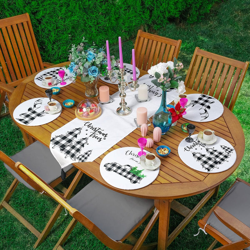 6+1 Siyah Beyaz Ekose Motifli Christmas Temalı Modern Püsküllü Runner ve Yuvarlak Servis Altlığı & Supla Seti Bonvagon