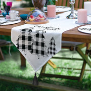 6+1 Siyah Beyaz Ekose Motifli Christmas Temalı Modern Püsküllü Runner ve Yuvarlak Servis Altlığı & Supla Seti Bonvagon