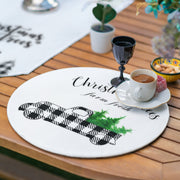 6+1 Siyah Beyaz Ekose Motifli Christmas Temalı Modern Püsküllü Runner ve Yuvarlak Servis Altlığı & Supla Seti Bonvagon