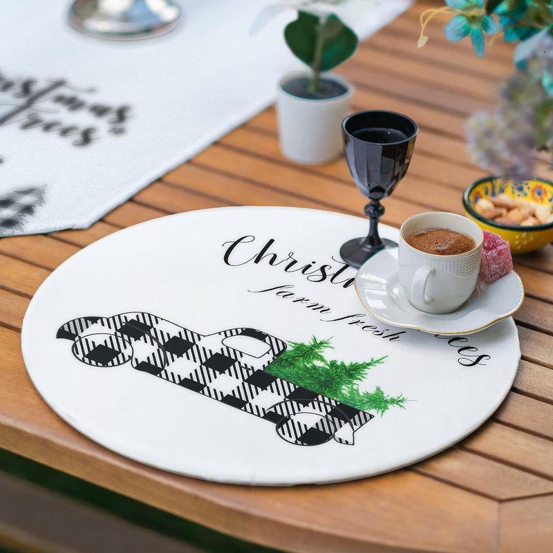6+1 Siyah Beyaz Ekose Motifli Christmas Temalı Modern Püsküllü Runner ve Yuvarlak Servis Altlığı ve Supla Seti