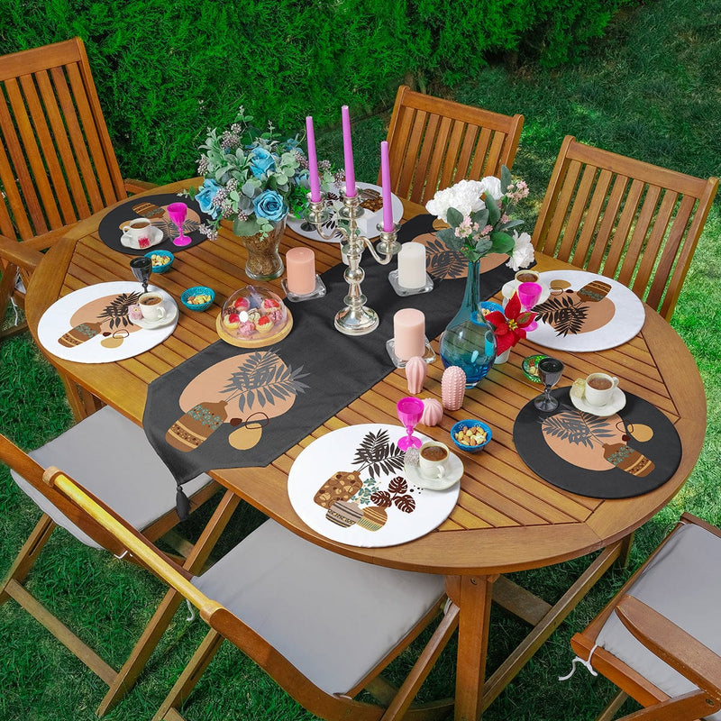 6+1 Tropik Yapraklar Saksı Motifli Dijital Baskılı Püsküllü Runner ve Supla Seti Bonvagon