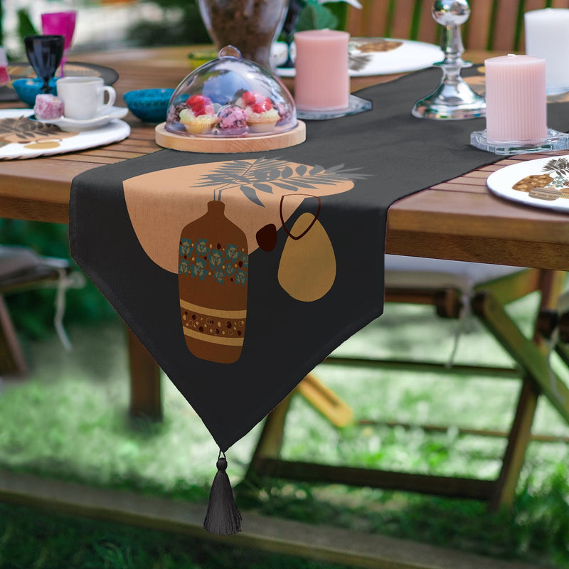 6+1 Tropik Yapraklar Saksı Motifli Dijital Baskılı Püsküllü Runner ve Supla Seti Bonvagon