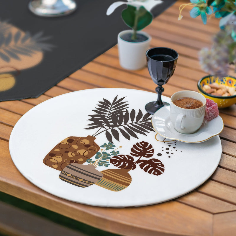 6+1 Tropik Yapraklar Saksı Motifli Dijital Baskılı Püsküllü Runner ve Supla Seti Bonvagon