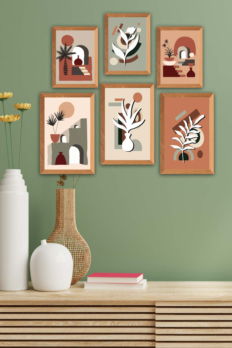 6 Parça Bohem Tarzda (Ahşap Çerçeve Görünümlü) Uv Baskı Tablo Seti Bonvagon