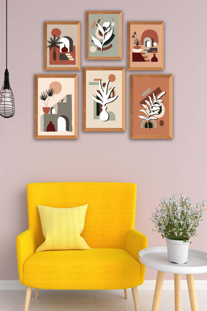 6 Parça Bohem Tarzda (Ahşap Çerçeve Görünümlü) Uv Baskı Tablo Seti Bonvagon