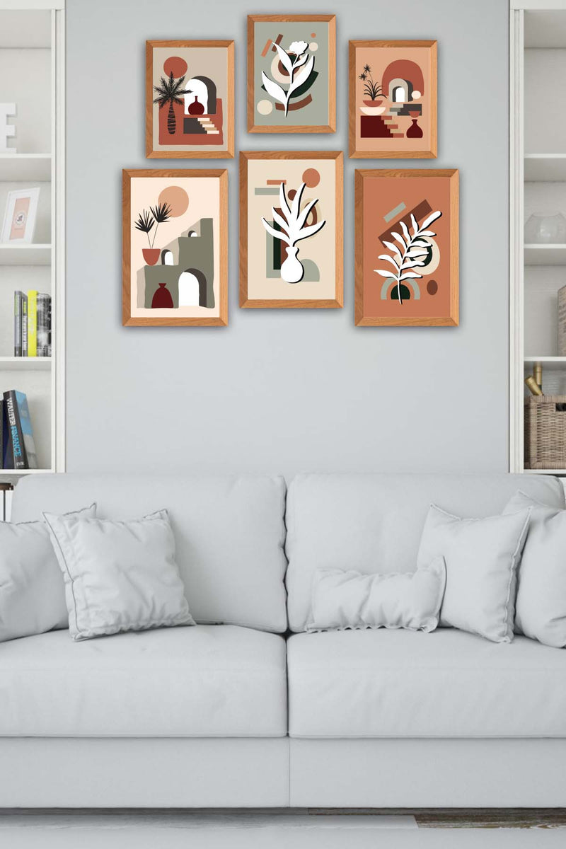 6 Parça Bohem Tarzda (Ahşap Çerçeve Görünümlü) Uv Baskı Tablo Seti Bonvagon