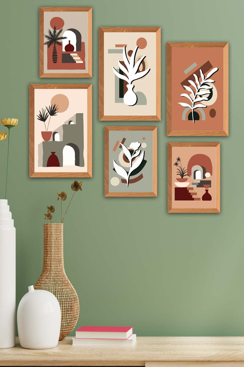 6 Parça Bohem Tarzda (Ahşap Çerçeve Görünümlü) Uv Baskı Tablo Seti Bonvagon