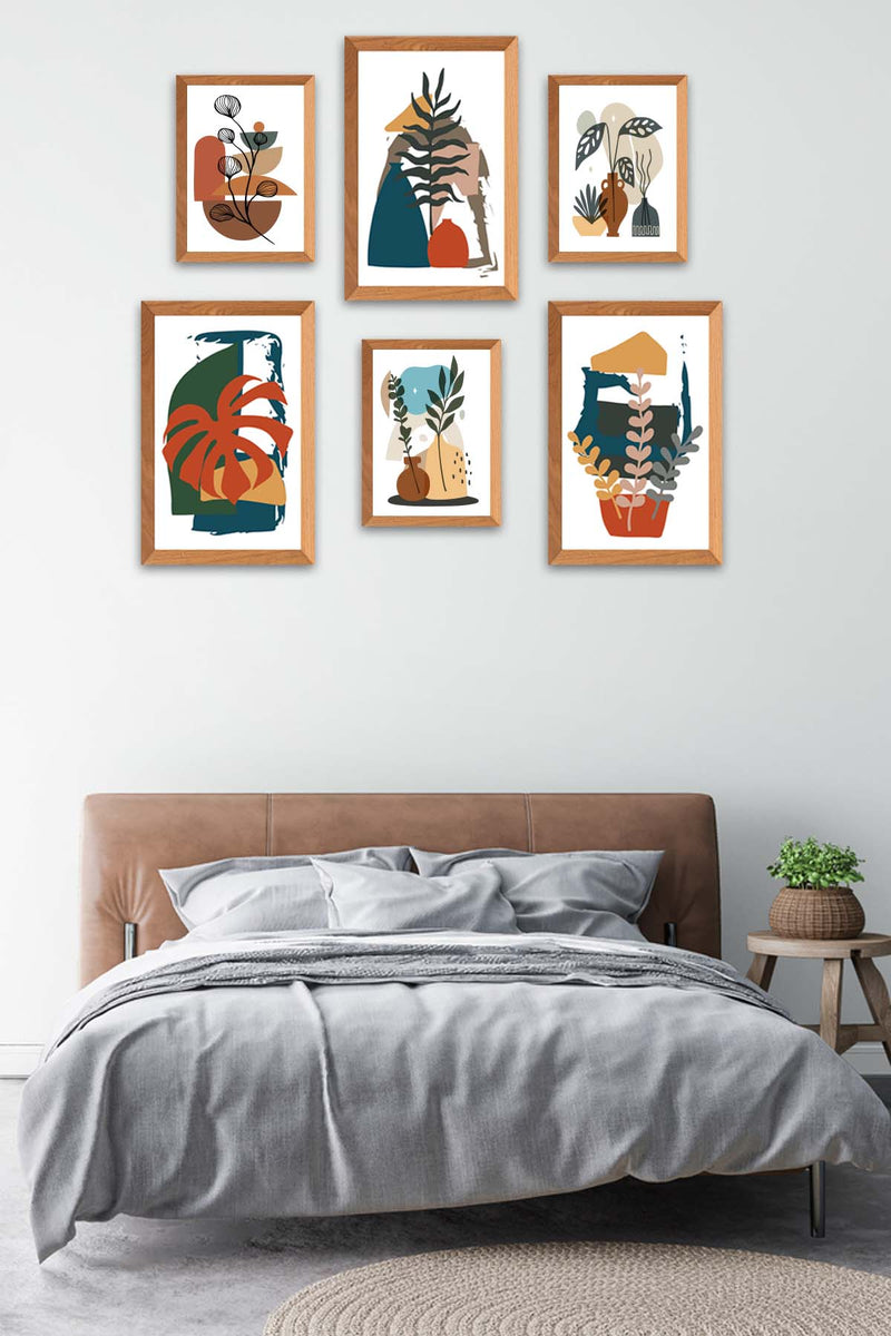 6 Parça Bohem Tarzı Ahşap Çerçeve Görünümlü Uv Baskı Tablo Seti Bonvagon