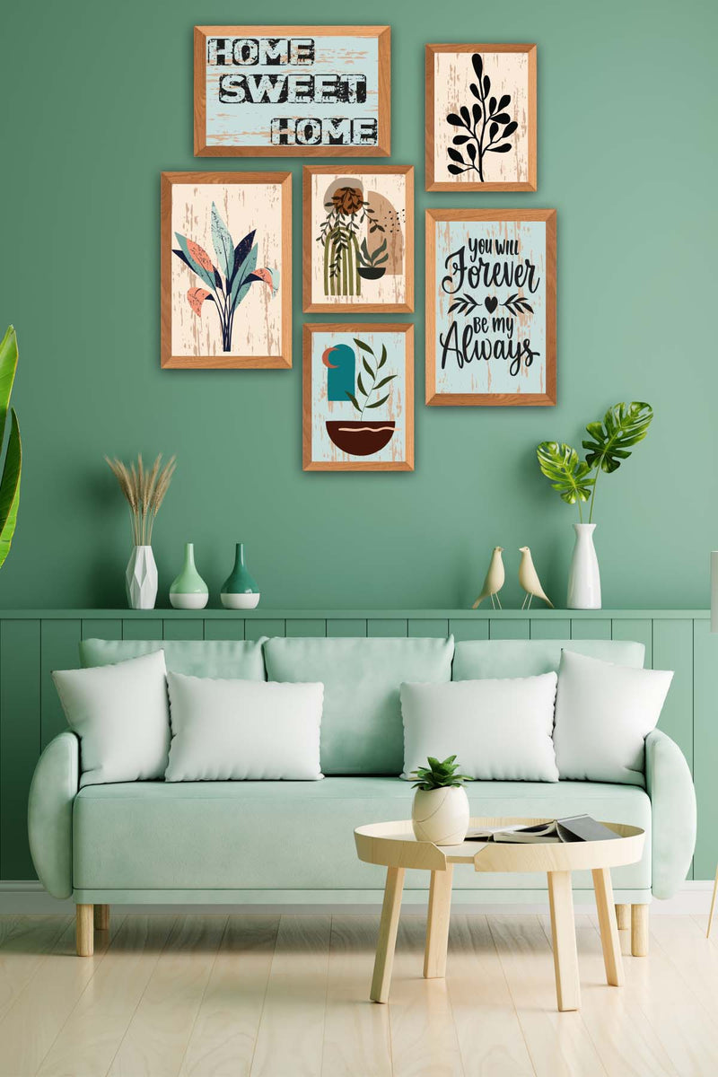 6 Parça Bohem Tarzında Sanatsal Home (Ahşap Çerçeve Görünümlü) Uv Baskı Mdf Tablo Seti Bonvagon