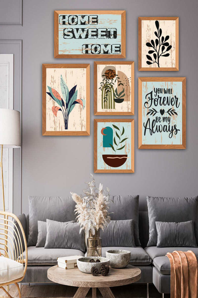 6 Parça Bohem Tarzında Sanatsal Home (Ahşap Çerçeve Görünümlü) Uv Baskı Mdf Tablo Seti Bonvagon