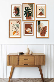 6 Parça Bohem Ve Botanik Tarzda (Ahşap Çerçeve Görünümlü) Uv Baskı Mdf Tablo Seti Bonvagon