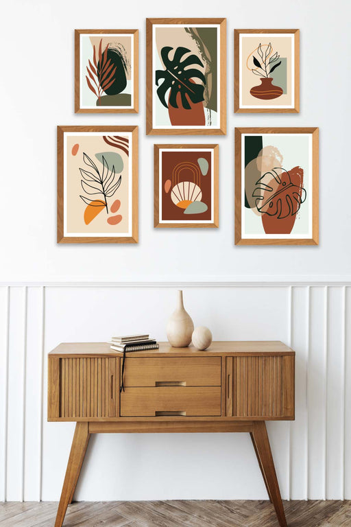 6 Parça Bohem Ve Botanik Tarzda (Ahşap Çerçeve Görünümlü) Uv Baskı Mdf Tablo Seti Bonvagon