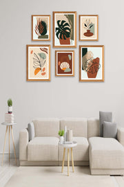 6 Parça Bohem Ve Botanik Tarzda (Ahşap Çerçeve Görünümlü) Uv Baskı Mdf Tablo Seti Bonvagon