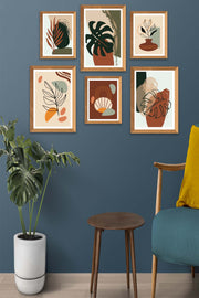 6 Parça Bohem Ve Botanik Tarzda (Ahşap Çerçeve Görünümlü) Uv Baskı Mdf Tablo Seti Bonvagon