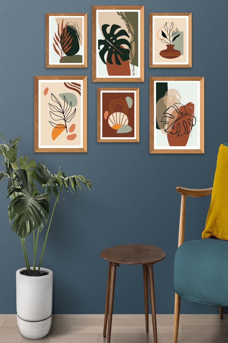 6 Parça Bohem Ve Botanik Tarzda (Ahşap Çerçeve Görünümlü) Uv Baskı Mdf Tablo Seti Bonvagon