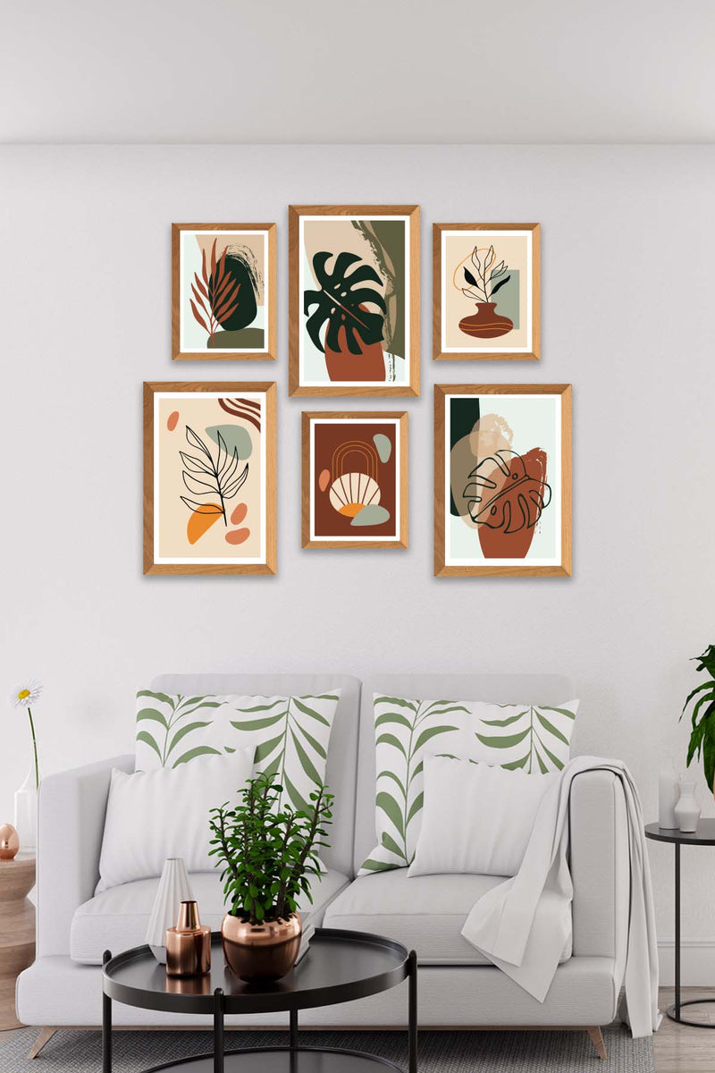 6 Parça Bohem Ve Botanik Tarzda (Ahşap Çerçeve Görünümlü) Uv Baskı Mdf Tablo Seti Bonvagon