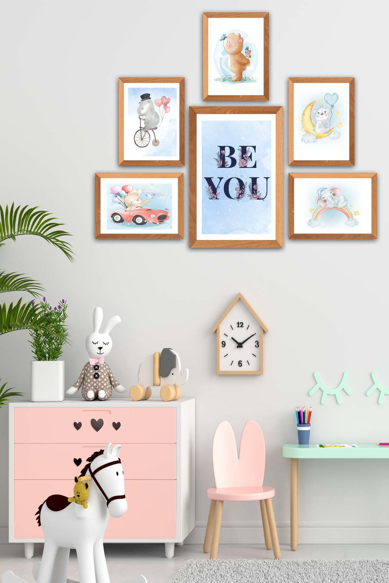 6 Parça Çocuk Odası Suluboya Tarzında Ahşap Çerçeve Görünümlü Uv Baskı Mdf Tablo Seti Bonvagon