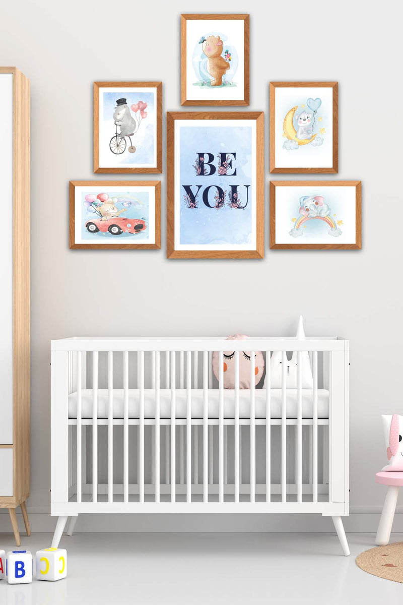 6 Parça Çocuk Odası Suluboya Tarzında Ahşap Çerçeve Görünümlü Uv Baskı Mdf Tablo Seti Bonvagon