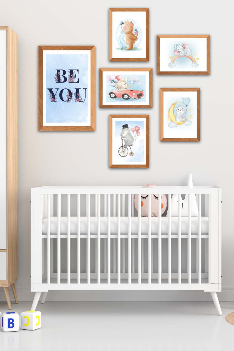 6 Parça Çocuk Odası Suluboya Tarzında Ahşap Çerçeve Görünümlü Uv Baskı Mdf Tablo Seti Bonvagon