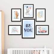 6 Parça Çocuk Odası Suluboya Tarzında Siyah Çerçeve Görünümlü Uv Baskı Mdf Ahşap Duvar Tablo Seti Bonvagon