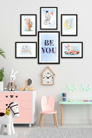 6 Parça Çocuk Odası Suluboya Tarzında Siyah Çerçeve Görünümlü Uv Baskı Mdf Tablo Seti Bonvagon