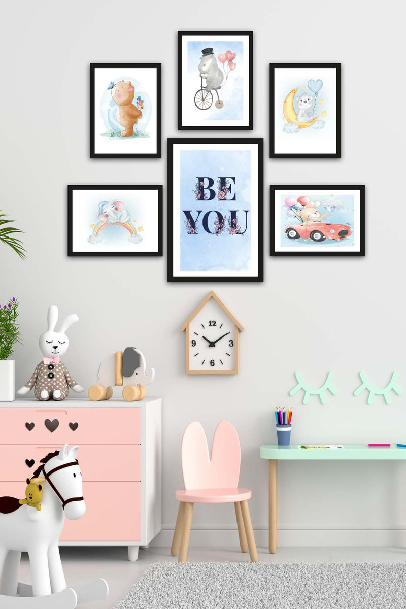 6 Parça Çocuk Odası Suluboya Tarzında Siyah Çerçeve Görünümlü Uv Baskı Mdf Tablo Seti Bonvagon