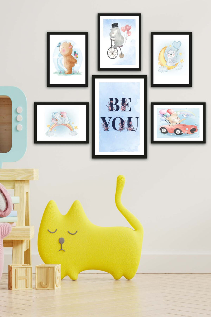 6 Parça Çocuk Odası Suluboya Tarzında Siyah Çerçeve Görünümlü Uv Baskı Mdf Tablo Seti Bonvagon