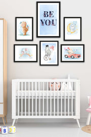 6 Parça Çocuk Odası Suluboya Tarzında Siyah Çerçeve Görünümlü Uv Baskı Mdf Tablo Seti Bonvagon