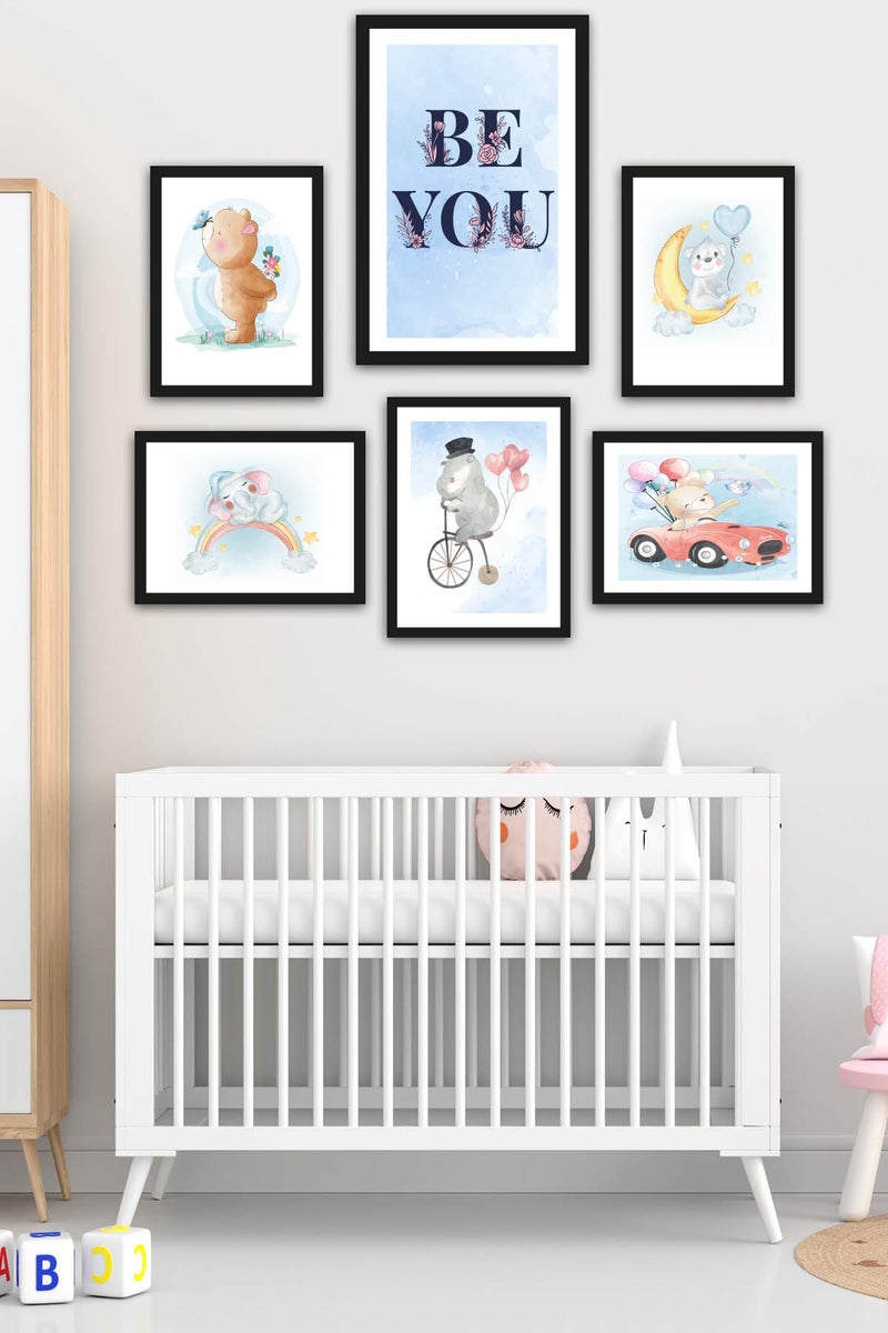 6 Parça Çocuk Odası Suluboya Tarzında Siyah Çerçeve Görünümlü Uv Baskı Mdf Tablo Seti Bonvagon