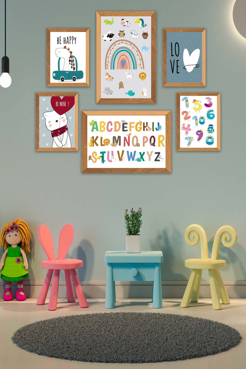 6 Parça Çoçuklar İçin Renkli Alfabe Sayılar Eğitici Tablo Ahşap Çerçeve Görünümlü Bonvagon