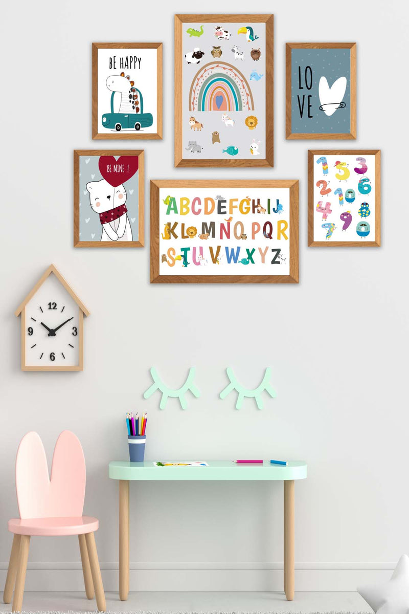 6 Parça Çoçuklar İçin Renkli Alfabe Sayılar Eğitici Tablo Ahşap Çerçeve Görünümlü Bonvagon