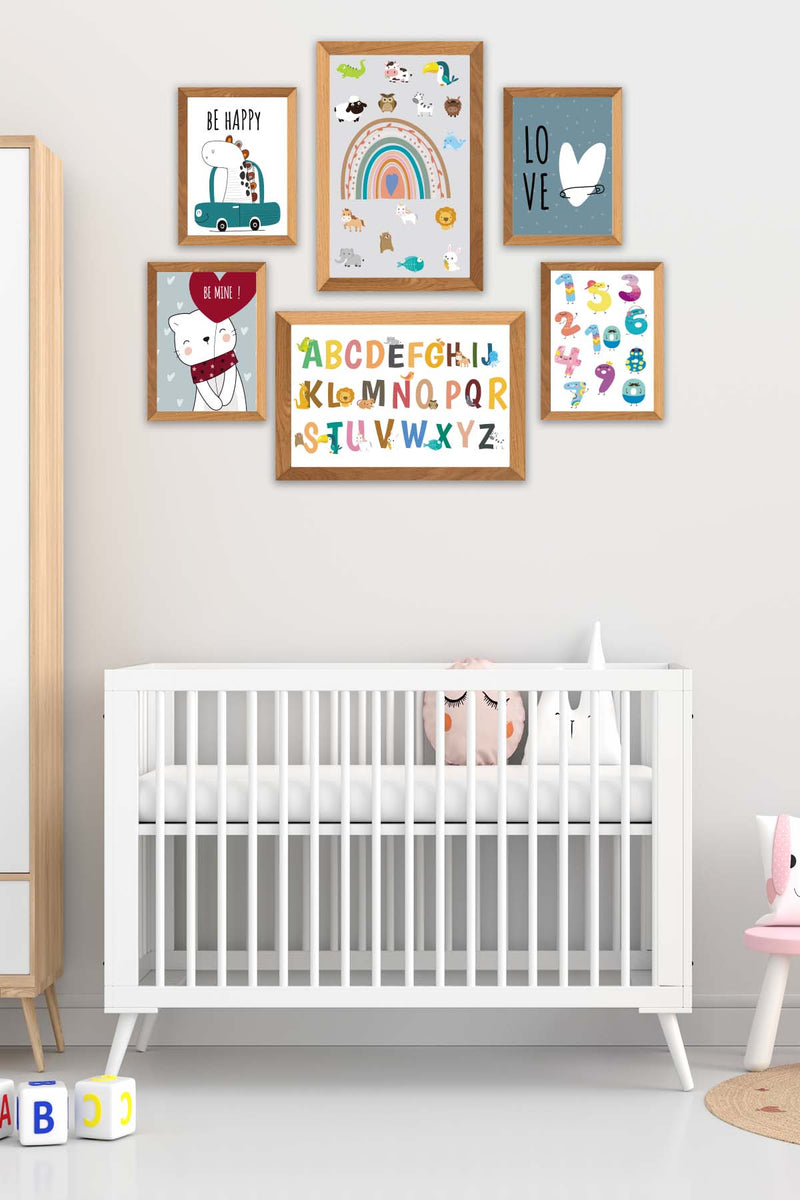 6 Parça Çoçuklar İçin Renkli Alfabe Sayılar Eğitici Tablo Ahşap Çerçeve Görünümlü Bonvagon