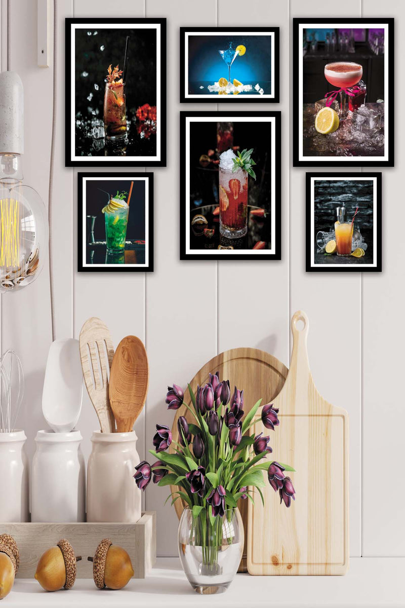 6 Parça İştah Açıcı Meyve Kokteyl Siyah Çerçeve Görünümlü Mdf Ahşap Tablo Seti Bonvagon
