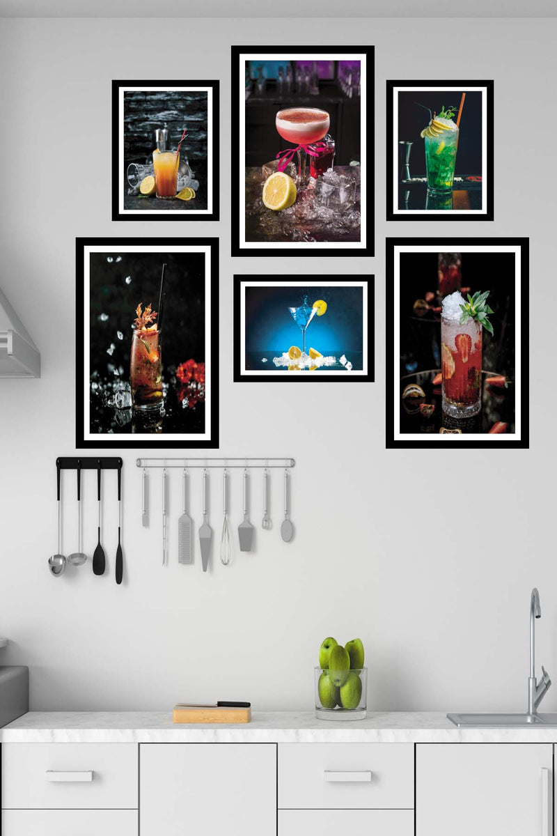 6 Parça İştah Açıcı Meyve Kokteyl Siyah Çerçeve Görünümlü Mdf Ahşap Tablo Seti Bonvagon