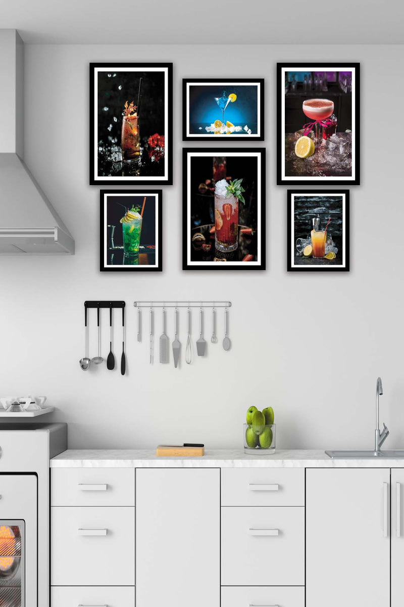 6 Parça İştah Açıcı Meyve Kokteyl Siyah Çerçeve Görünümlü Mdf Ahşap Tablo Seti Bonvagon