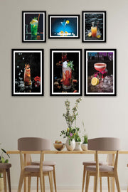 6 Parça İştah Açıcı Meyve Kokteyl Siyah Çerçeve Görünümlü Mdf Ahşap Tablo Seti Bonvagon