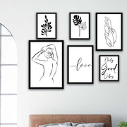 6 Parça Lineart Tarzda Sanatsal Siyah Çerçeve Görünümlü Uv Baskı Mdf Tablo Seti Bonvagon