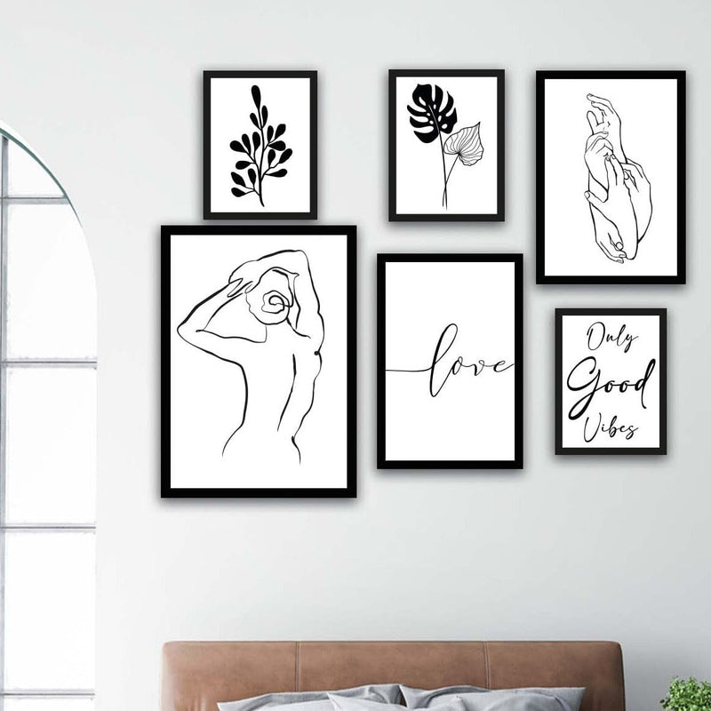 6 Parça Lineart Tarzda Sanatsal Siyah Çerçeve Görünümlü Uv Baskı Mdf Tablo Seti Bonvagon