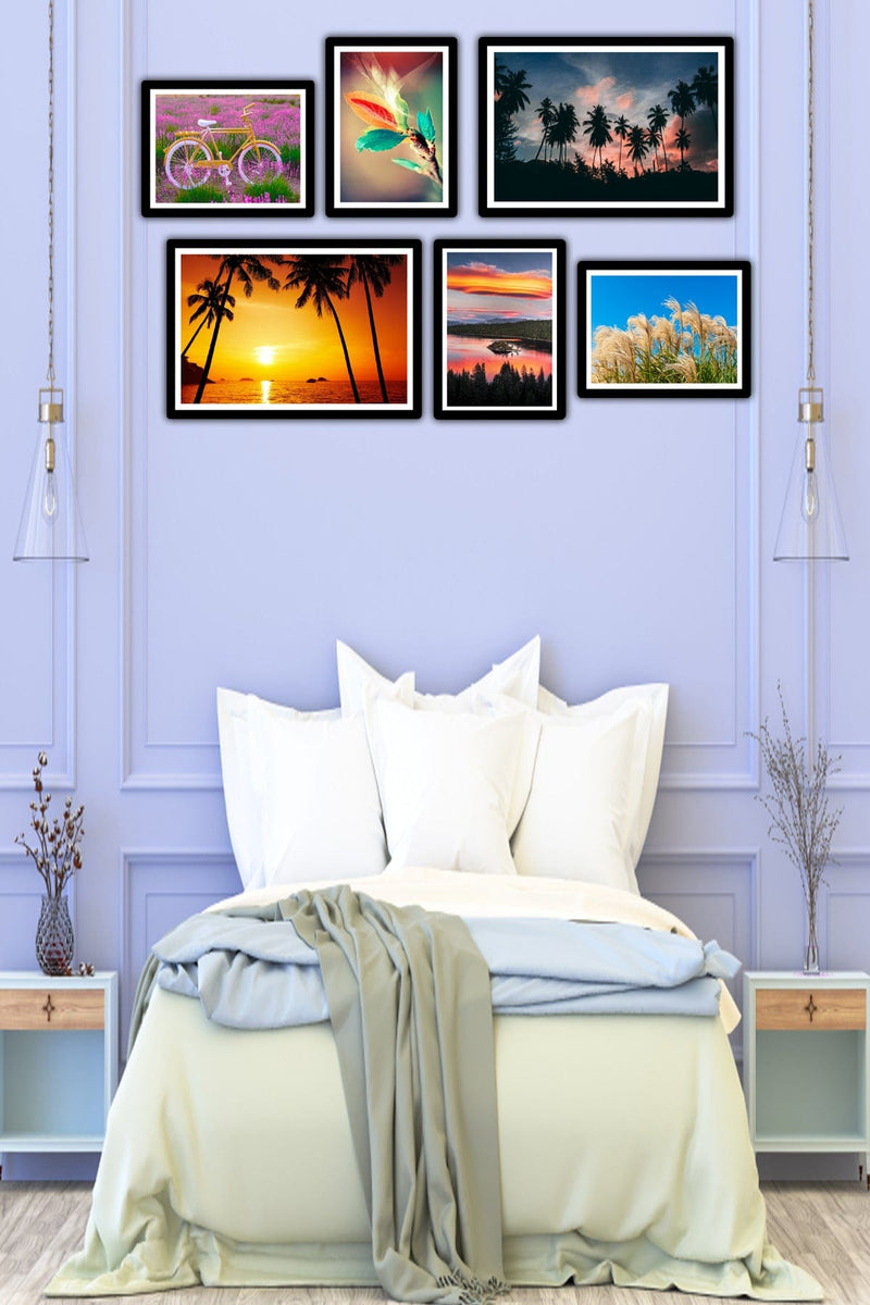 6 Parça Manzara Resimleri Siyah Çerçeve Görünümlü Uv Baskı Mdf Tablo Seti Bonvagon