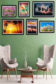 6 Parça Manzara Resimleri Siyah Çerçeve Görünümlü Uv Baskı Mdf Tablo Seti Bonvagon