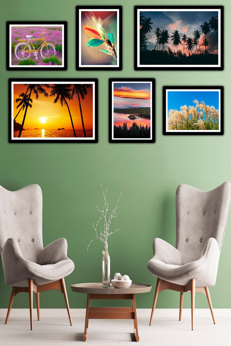 6 Parça Manzara Resimleri Siyah Çerçeve Görünümlü Uv Baskı Mdf Tablo Seti Bonvagon