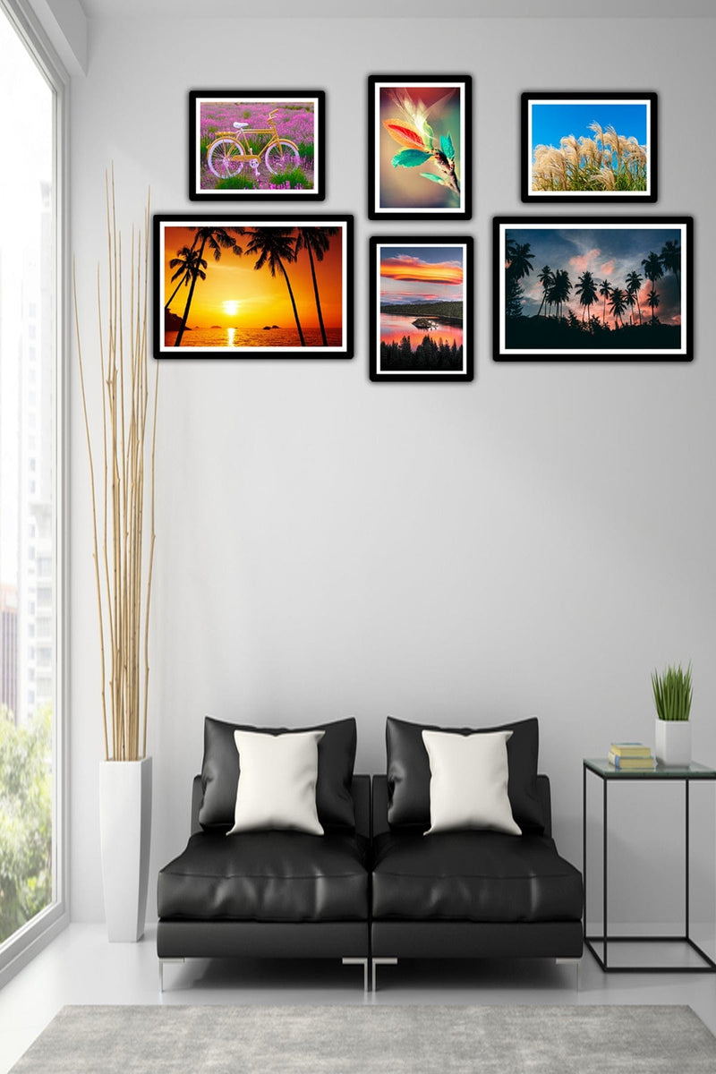 6 Parça Manzara Resimleri Siyah Çerçeve Görünümlü Uv Baskı Mdf Tablo Seti Bonvagon